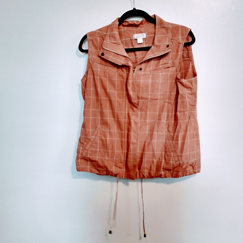 Christopher & Banks zip front vest with drawstring waistband, checkered pattern